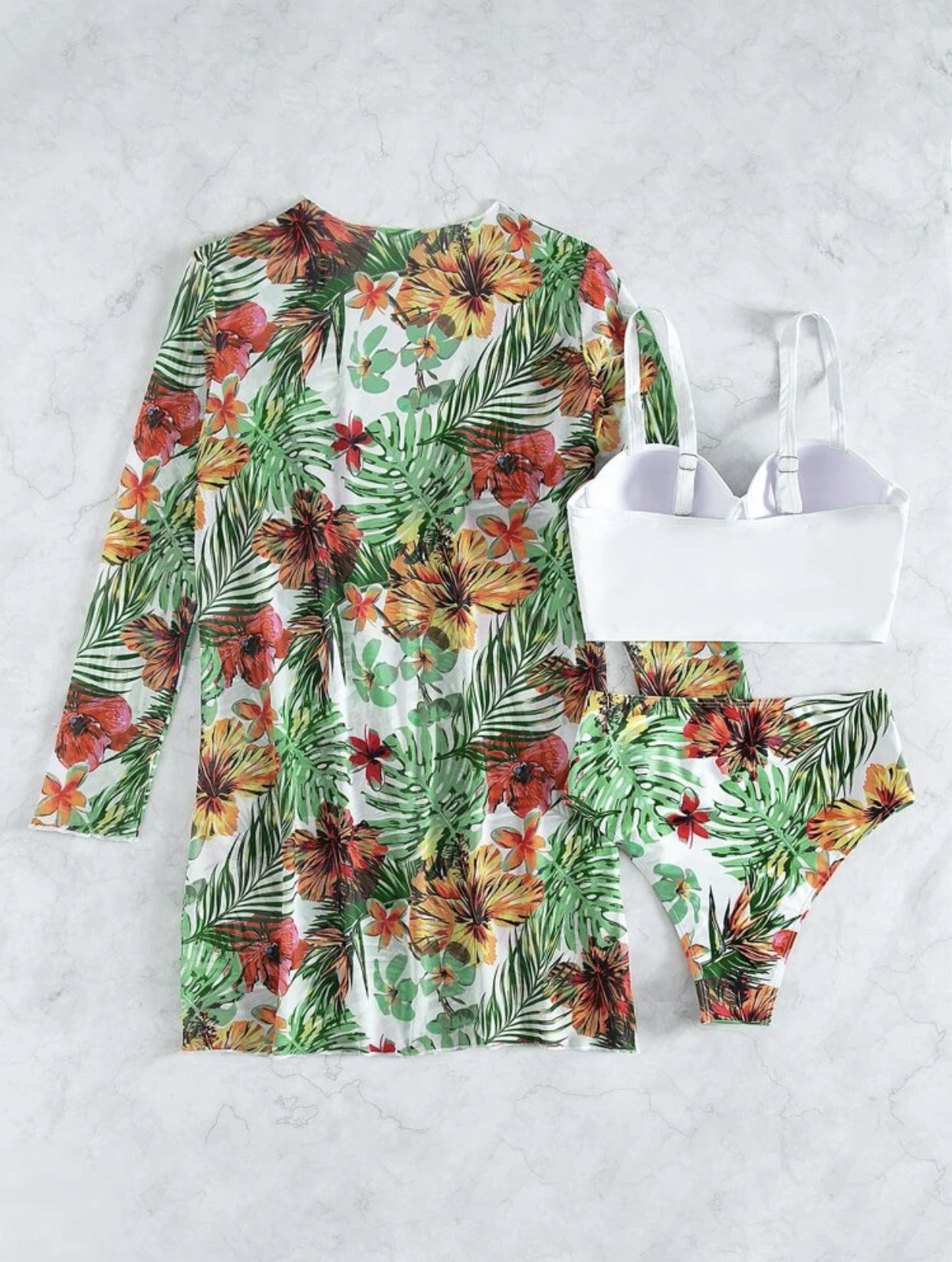 Green swimwear three-piece set - white top