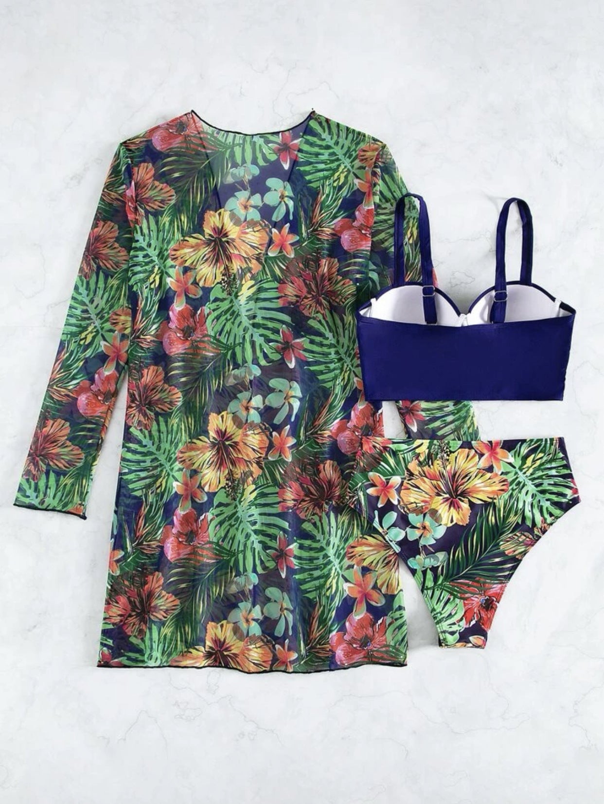 Green swimsuit three-piece set - blue top