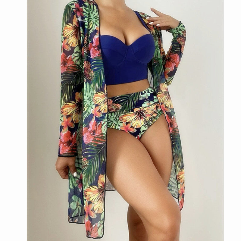 Green swimsuit three-piece set - blue top