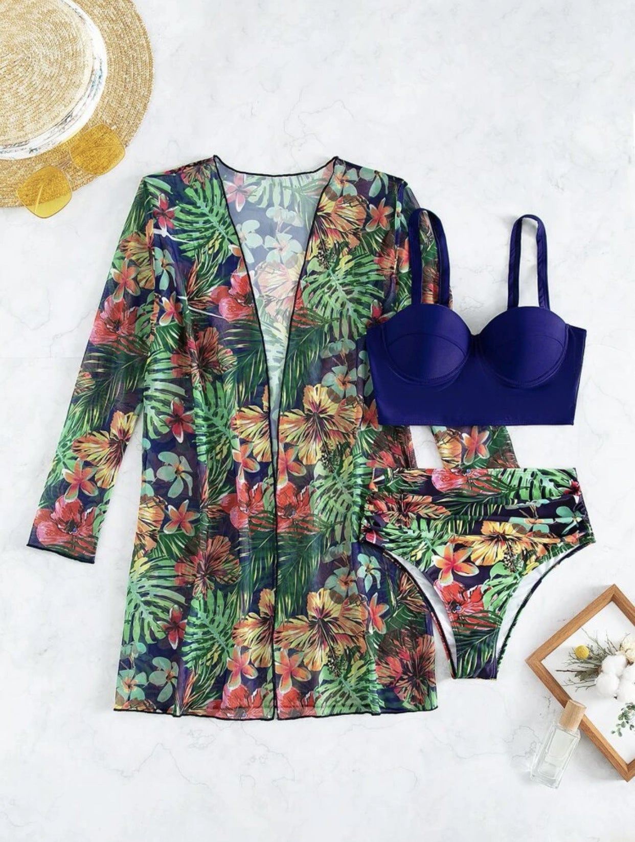 Green swimsuit three-piece set - blue top