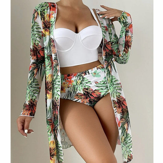 Green swimwear three-piece set - white top Classy Girlie Boutique 