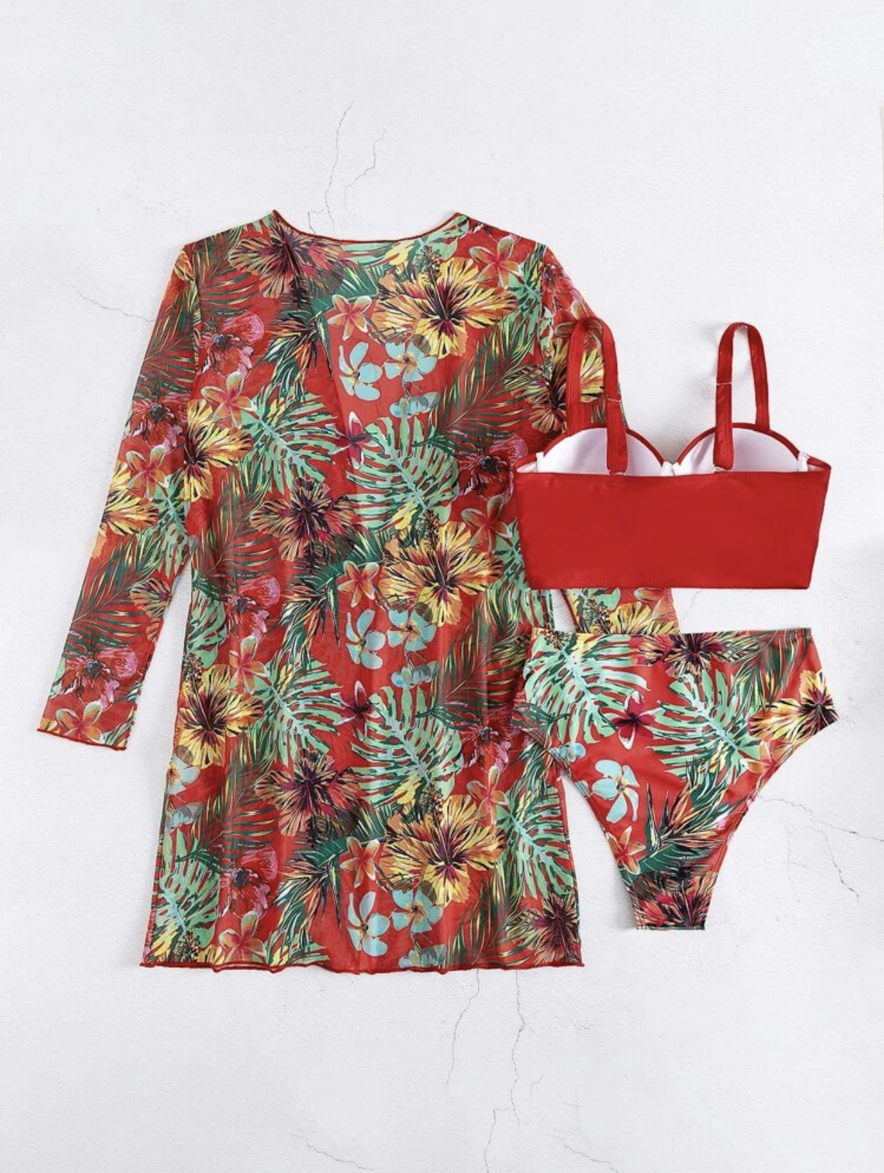 Red swimwear three-piece set