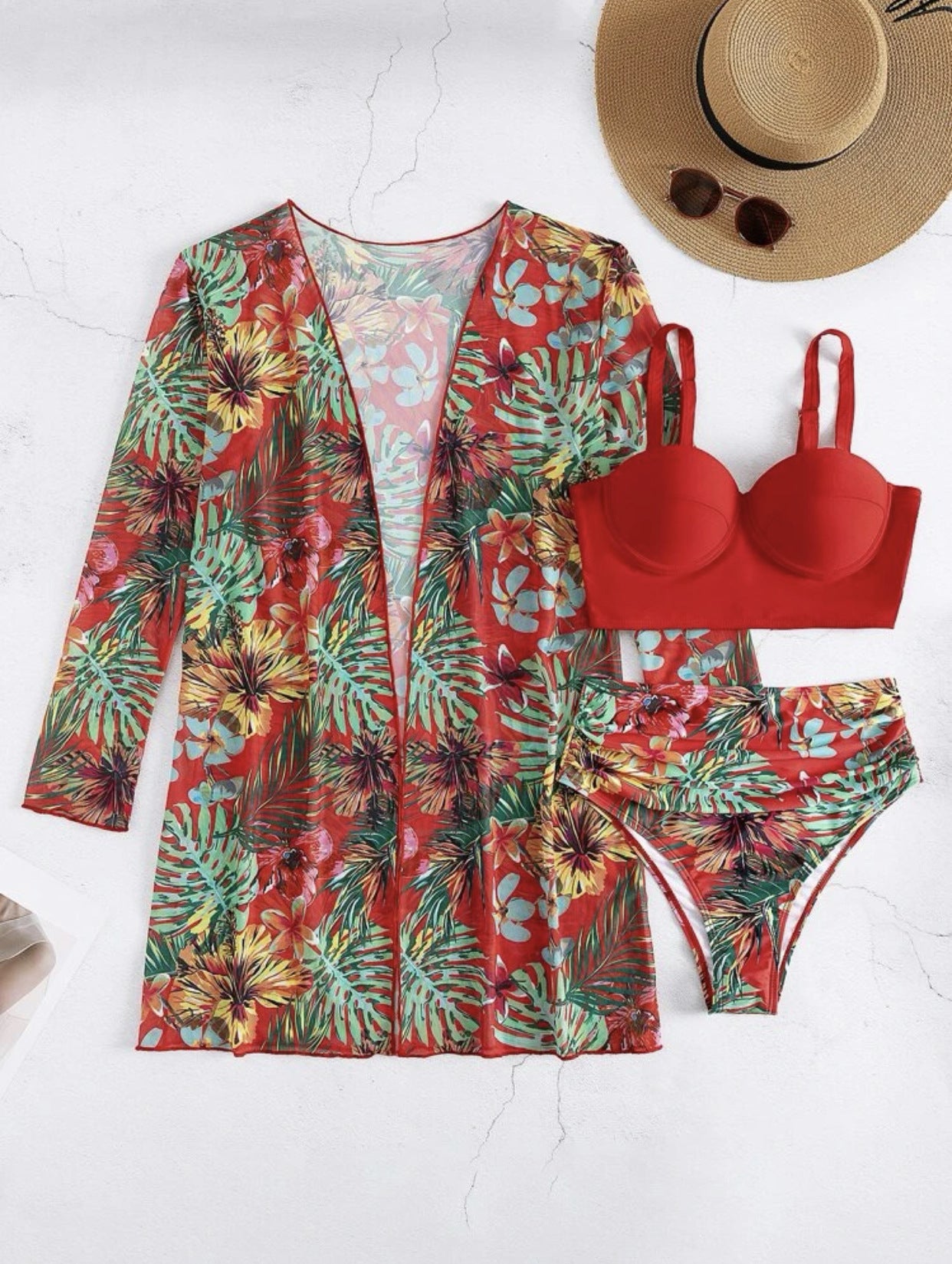 Red swimwear three-piece set