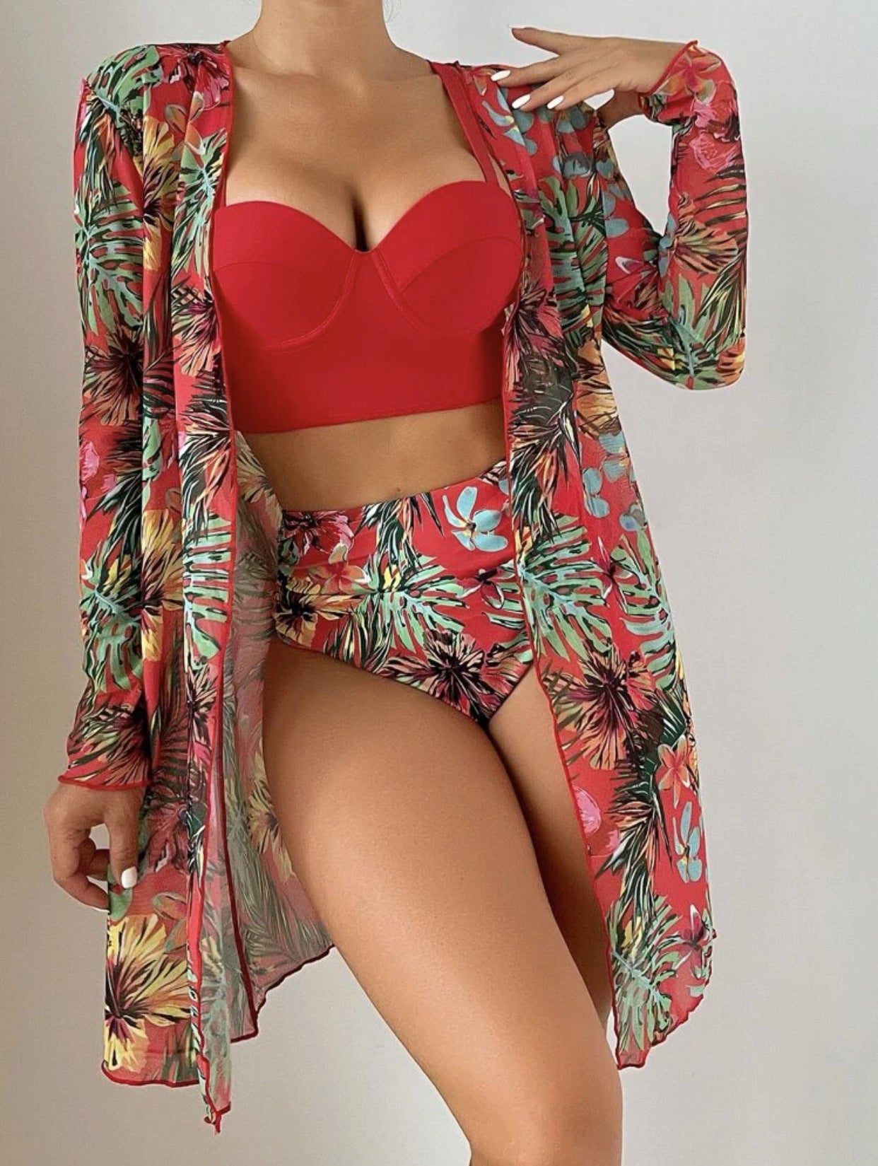 Red swimwear three-piece set