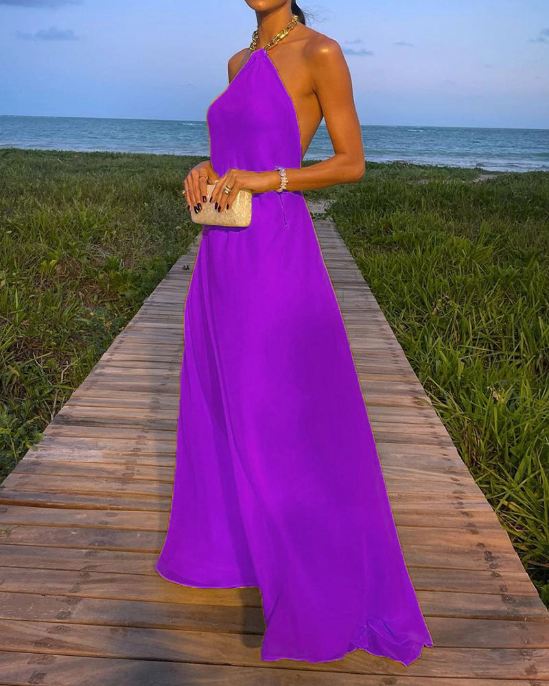 Women Sexy Halter Neck Backless Solid Color Maxi Dress - Classy Girlie Boutique 