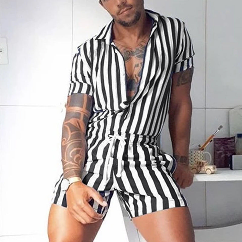 Men Fashion Lapel Sexy Short-Sleeved Stripe Jumpsuit - Classy Girlie Boutique 