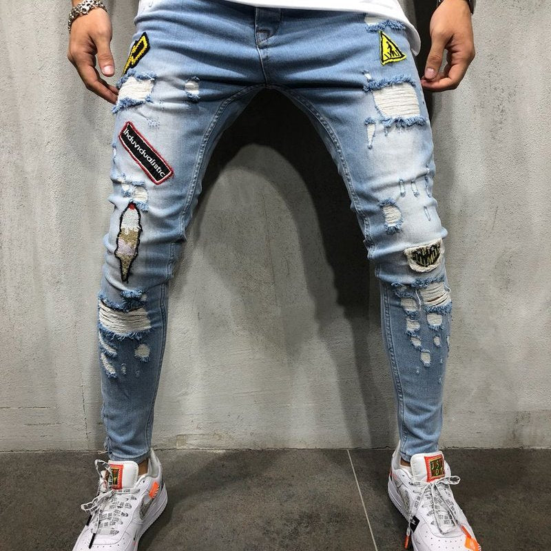 Men Badge Jogger Raw Hem Ripped Denim Jeans - Classy Girlie Boutique 