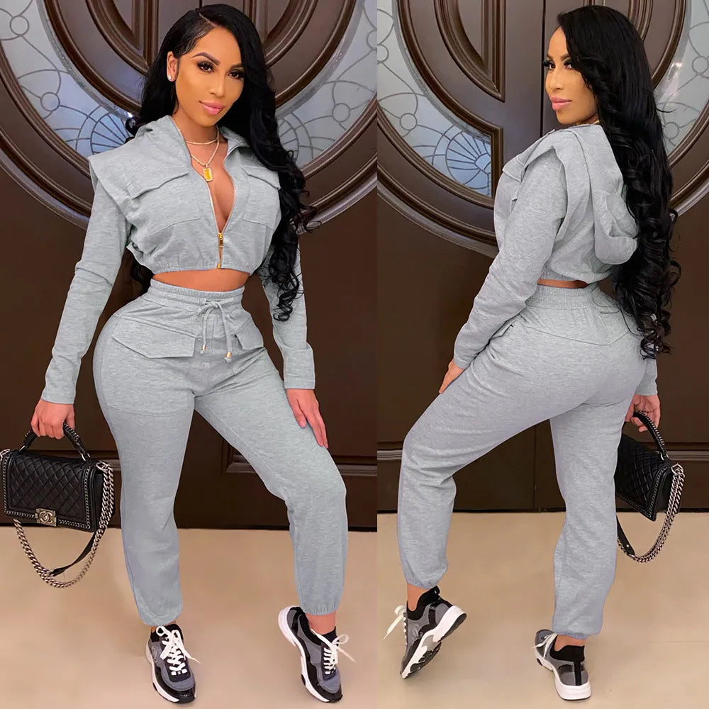 Girlie Zipper Slim Hoodie Crop Top Fashion Pants Two-Piece Set