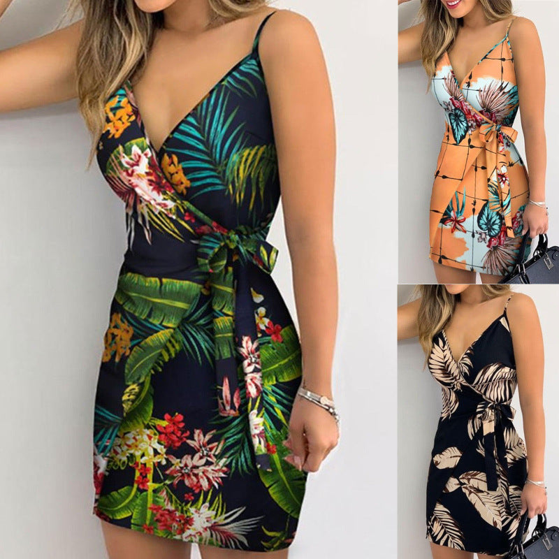 Women Fashion Sexy Plant Printing Slip Wrap Dress - Classy Girlie Boutique 