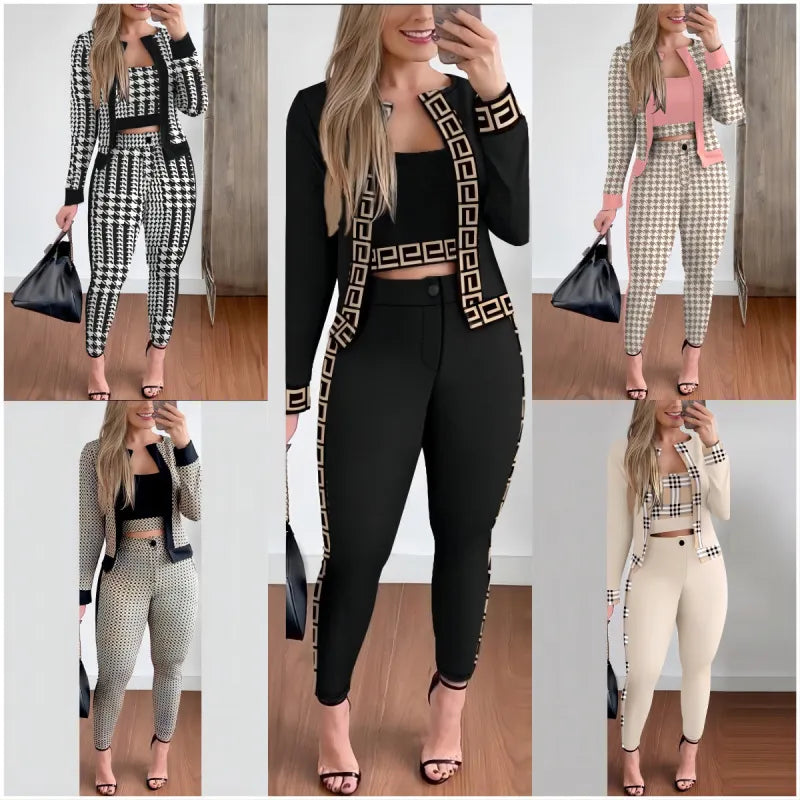 Girlie Houndstooth Stripe Printed Vest Jacket Tight Pants Three-Piece Set - Classy Girlie Boutique 