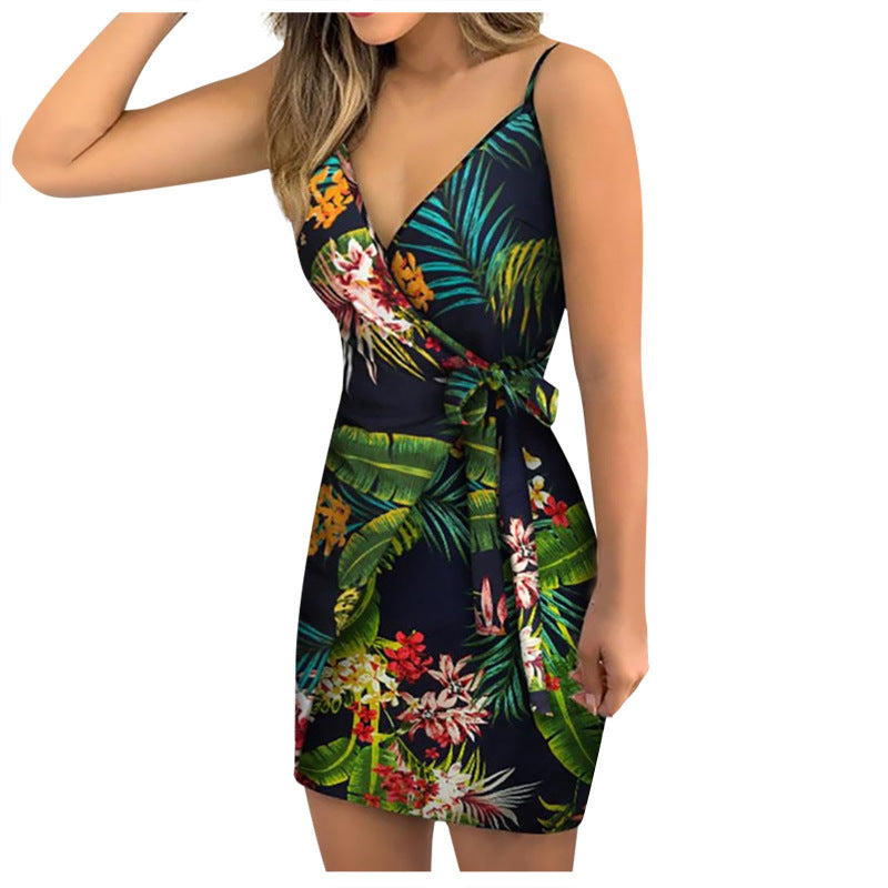 Women Fashion Sexy Plant Printing Slip Wrap Dress - Classy Girlie Boutique 