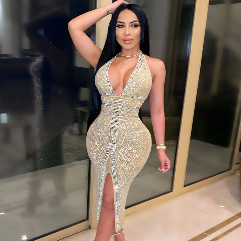 Women Fashion Sexy Mesh See-Through Tight Rhinestone Halter Neck Backless Front Split Dress - Classy Girlie Boutique 