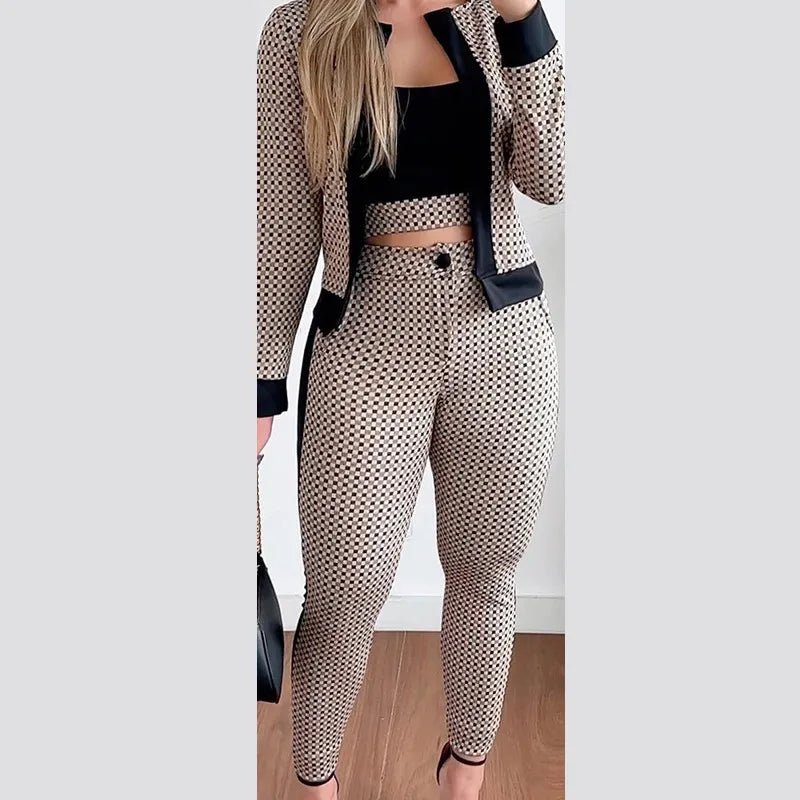 Girlie Houndstooth Stripe Printed Vest Jacket Tight Pants Three-Piece Set - Classy Girlie Boutique 