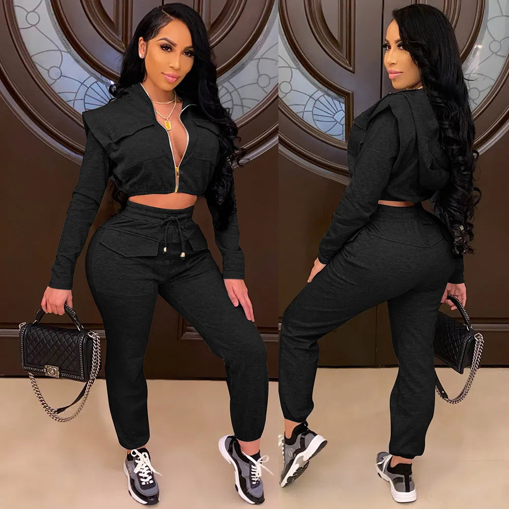 Girlie Zipper Slim Hoodie Crop Top Fashion Pants Two-Piece Set