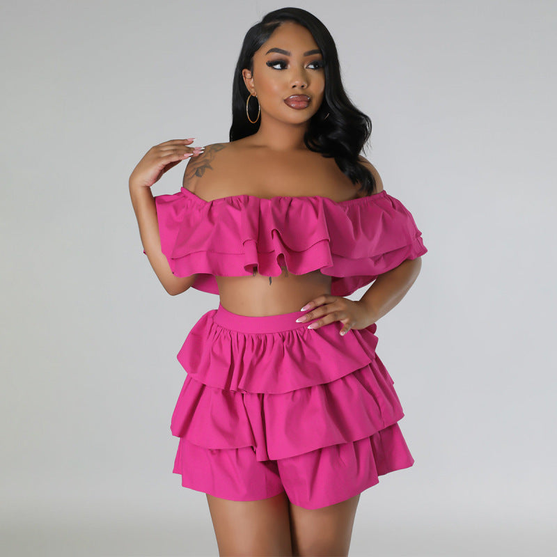 Women Fashion Sexy Solid Color Ruffled Off Shoulder Crop Top Loose Short Skirt 2pcs Set - Classy Girlie Boutique 