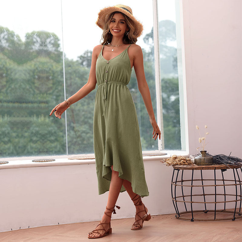 Women Summer Casual Fashion Solid Color Irregular Sling Dress - Classy Girlie Boutique 