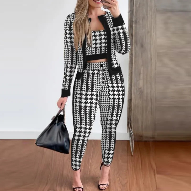 Girlie Houndstooth Stripe Printed Vest Jacket Tight Pants Three-Piece Set - Classy Girlie Boutique 