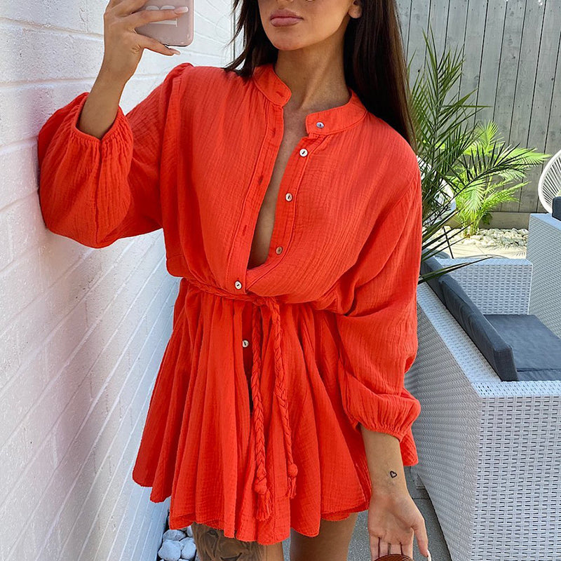 Girlie Bohemian Bandage Single-Breasted V-Neck Sweet Solid Color Ruffled Long Sleeves Shirt Dress - Classy Girlie Boutique 