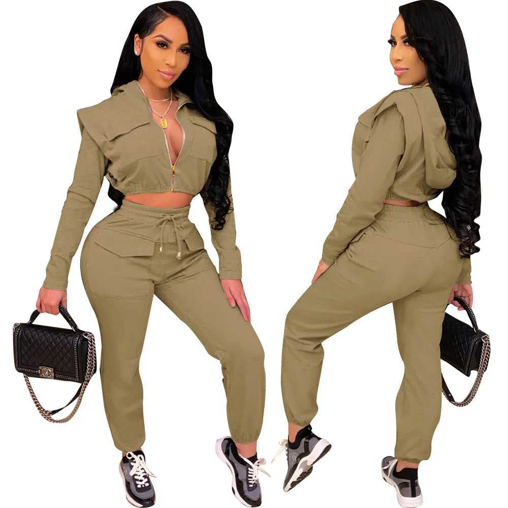 Girlie Zipper Slim Hoodie Crop Top Fashion Pants Two-Piece Set