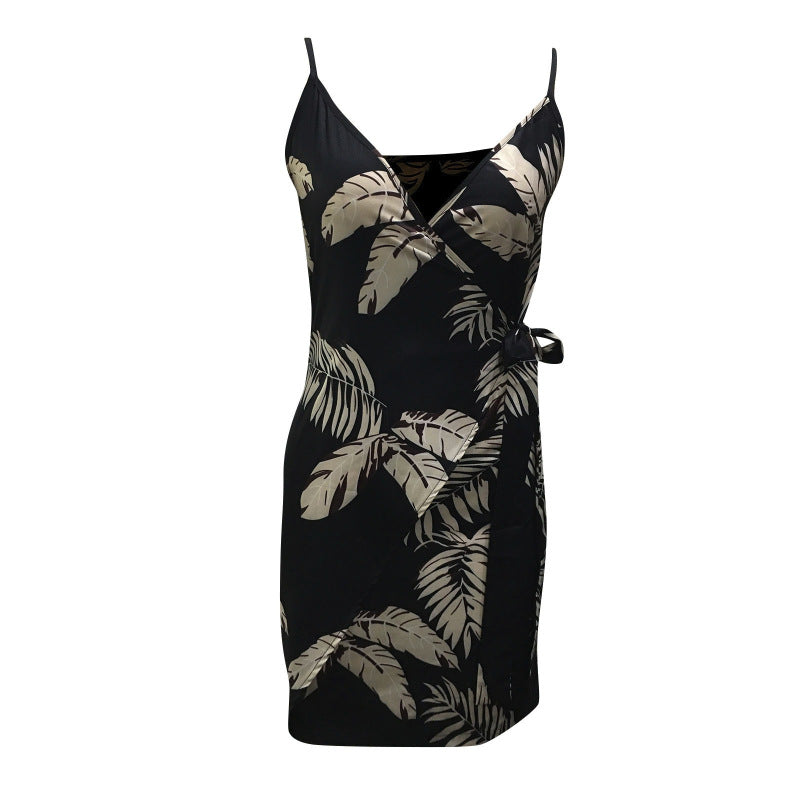 Women Fashion Sexy Plant Printing Slip Wrap Dress - Classy Girlie Boutique 