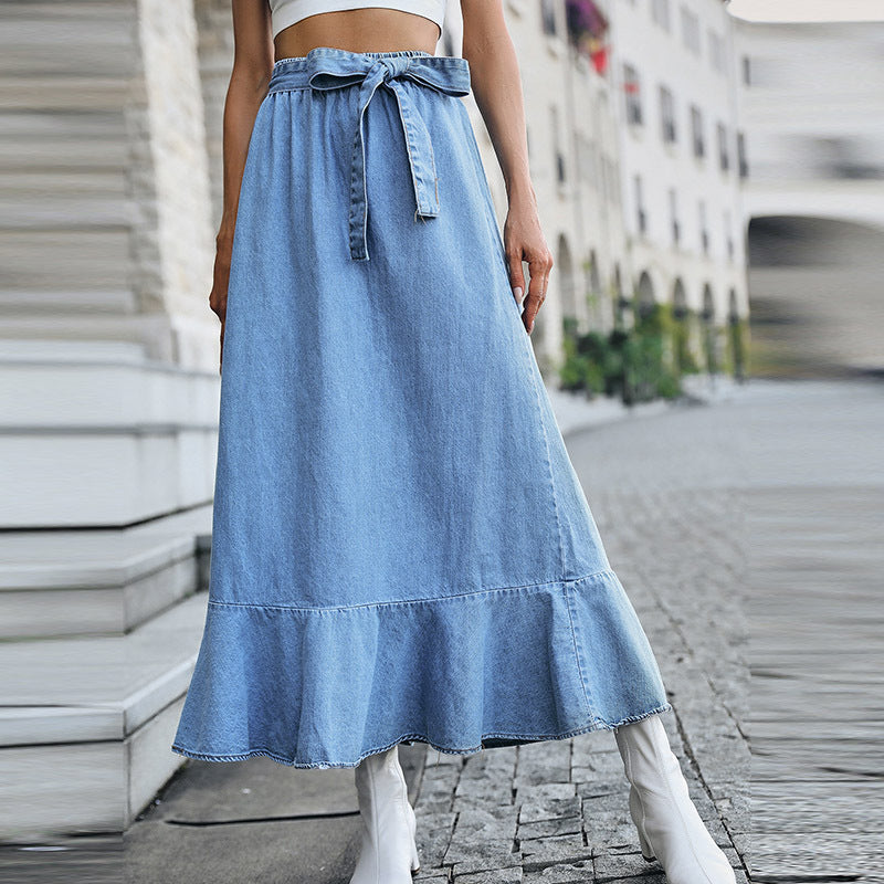 Women Fashion Casual Ruffled Pleated Denim Skirt - Classy Girlie Boutique 