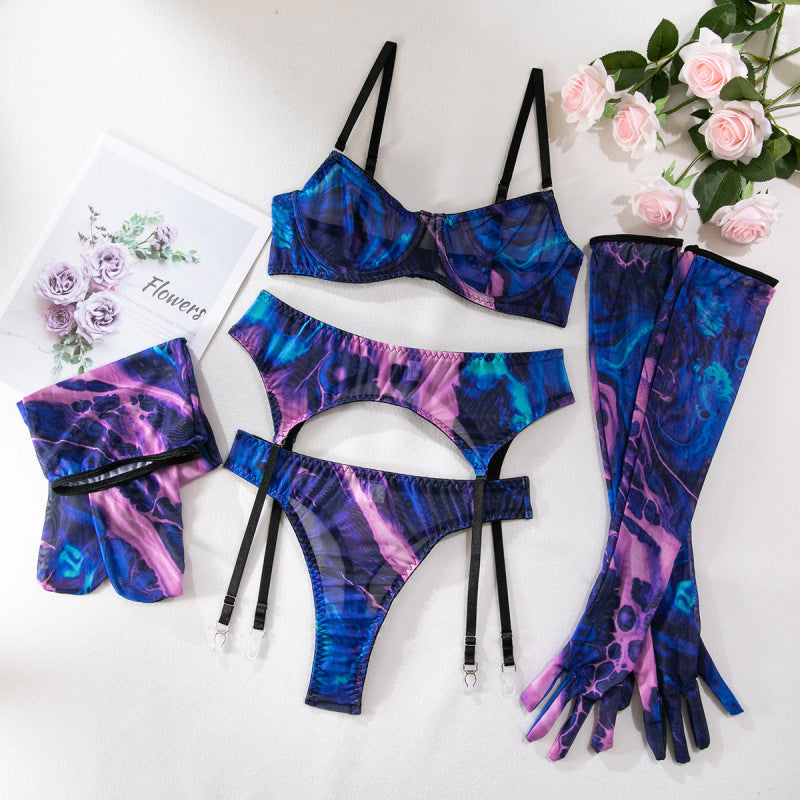 Women Sexy Printed Push Up Lingerie Gloves Garter Five-Piece Set - Classy Girlie Boutique 