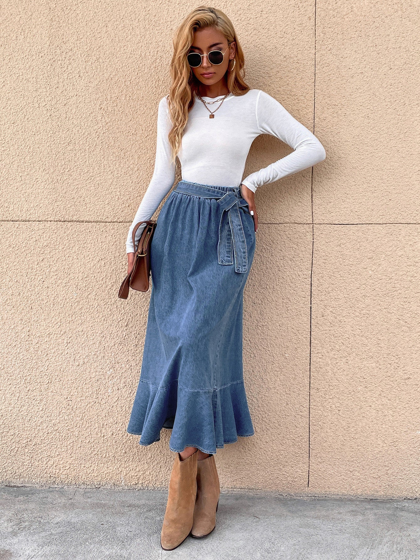 Women Fashion Casual Ruffled Pleated Denim Skirt - Classy Girlie Boutique 