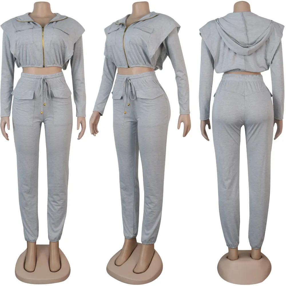 Girlie Zipper Slim Hoodie Crop Top Fashion Pants Two-Piece Set