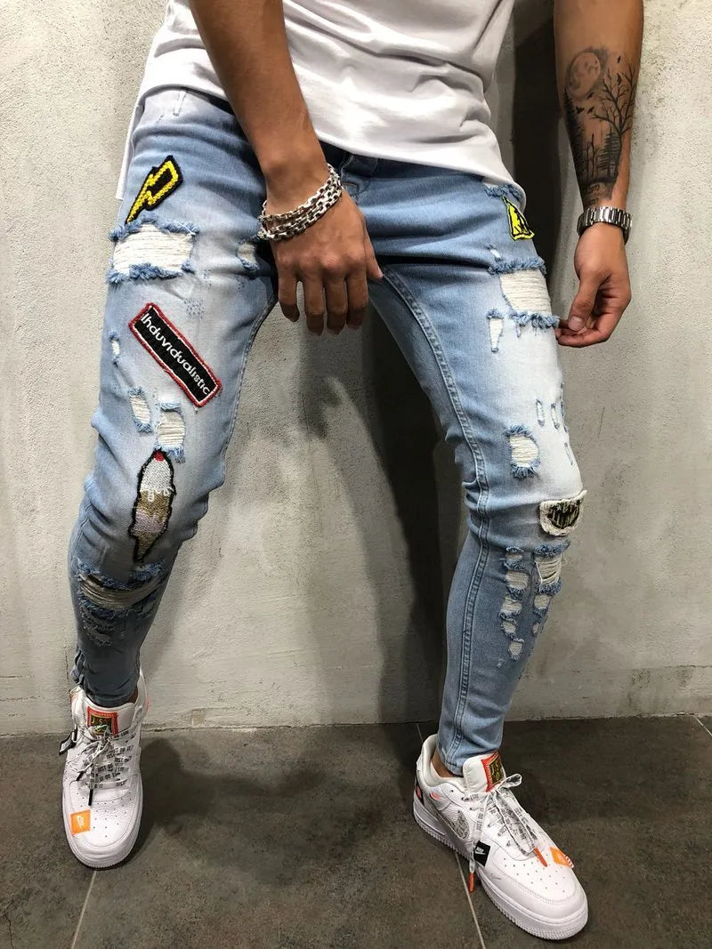 Men Badge Jogger Raw Hem Ripped Denim Jeans - Classy Girlie Boutique 