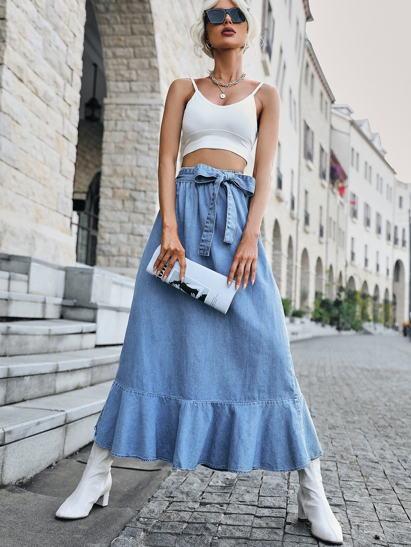 Women Fashion Casual Ruffled Pleated Denim Skirt - Classy Girlie Boutique 