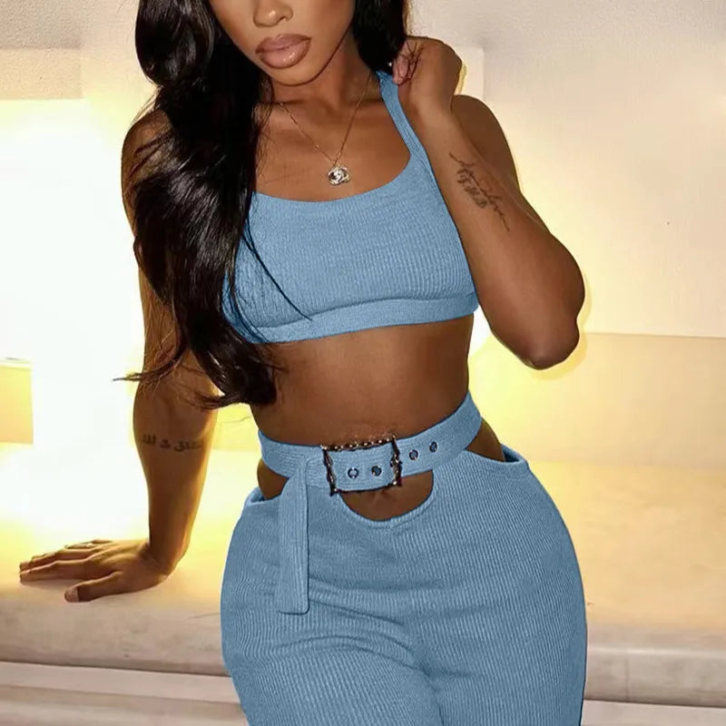 Girlie Camisole Belt Buckle High Waist Pants